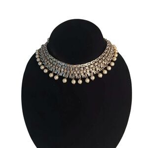 VTG Silver Rhinestone Faux Pearl Collar Necklace Choker Egyptian Belly Dancer